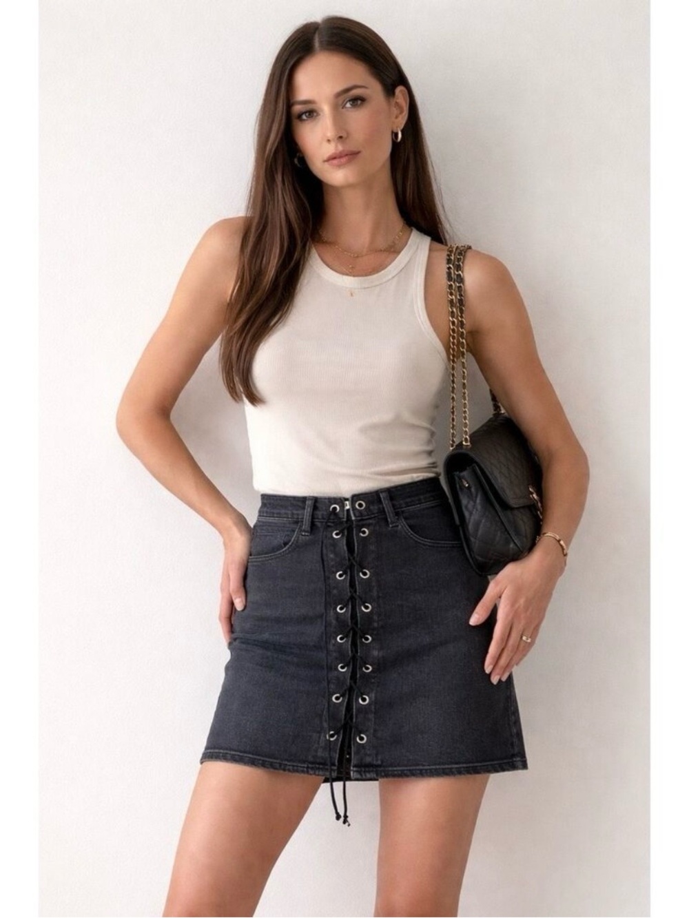 L'AGENCE Portia high rise Black Lace-Up Denim Mini Skirt